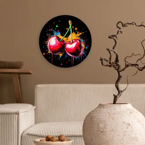 Kersen - Fruit - Graffiti - Verf - Abstract - Modern - Kleurrijk Wandcirkel plexiglas klein -sfeer1