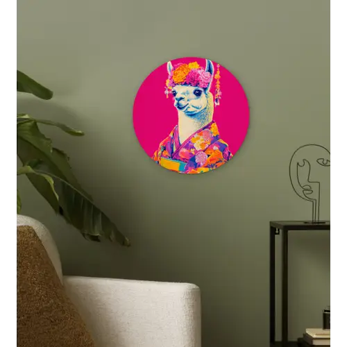 Lama - Kimono - Bloemenkrans - Felroze Wandcirkel plexiglas klein -sfeer3
