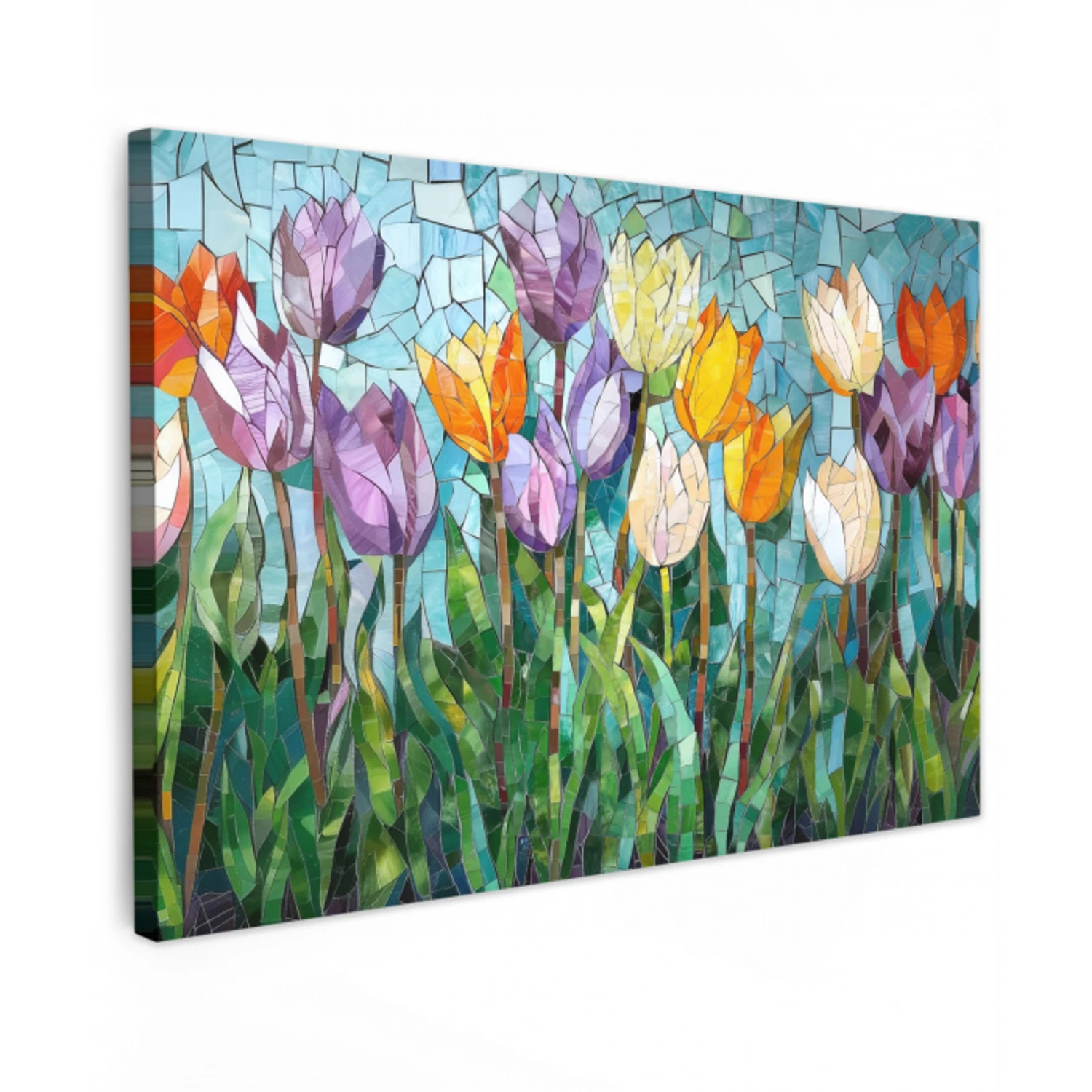 Mozaïek - Veld - Tulpen - Kleurrijk Tuinposter op houten frame 2 cm dik klein -3d