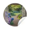 Doorkijk - Tuin - Raam - Hortensia - Bloemen Wandcirkel tuinposter met ringen klein -3d