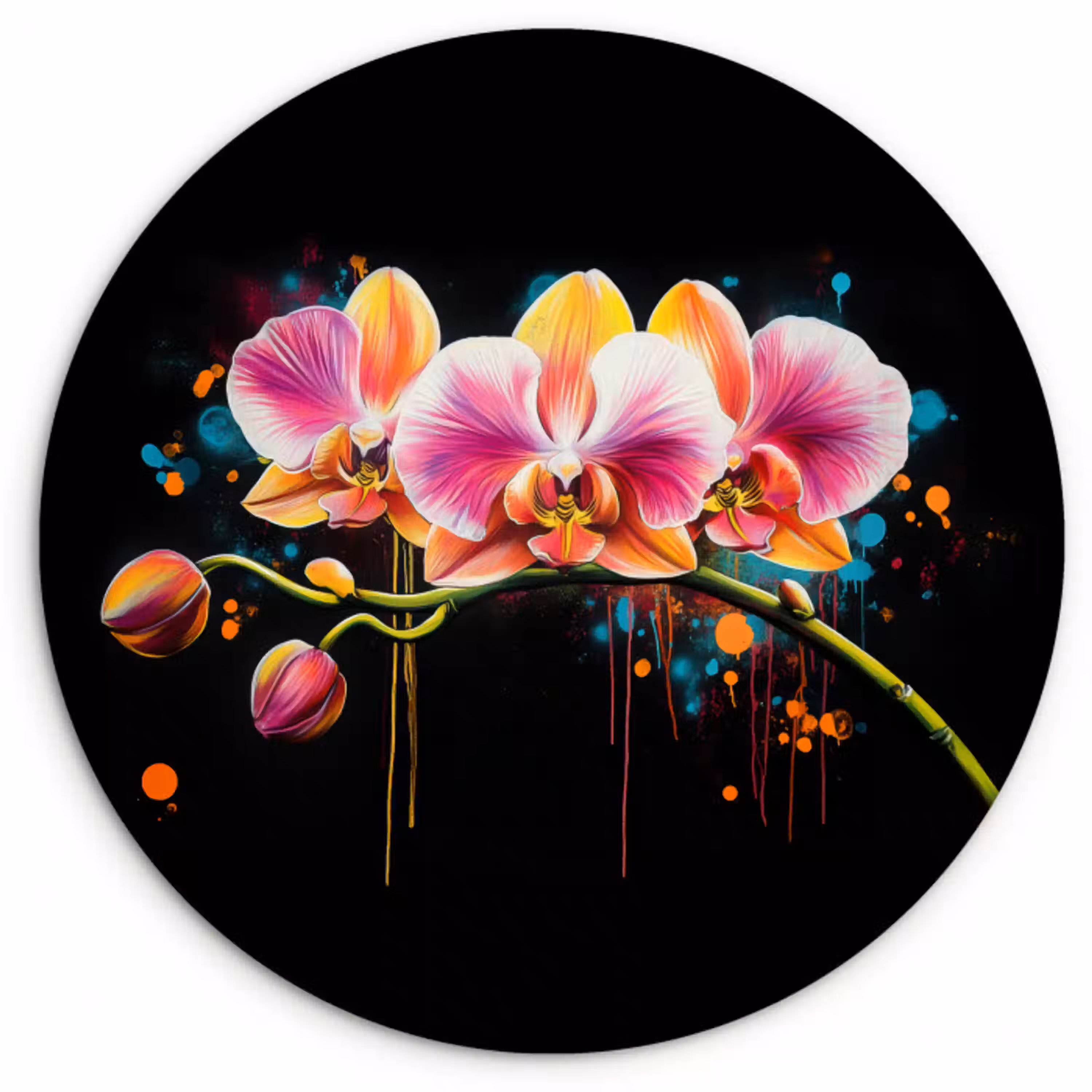 Orchidee - Graffiti - Kleurrijk - Bloemen - Abstract Wandcirkel kunststof plaat 5mm dik klein -3d