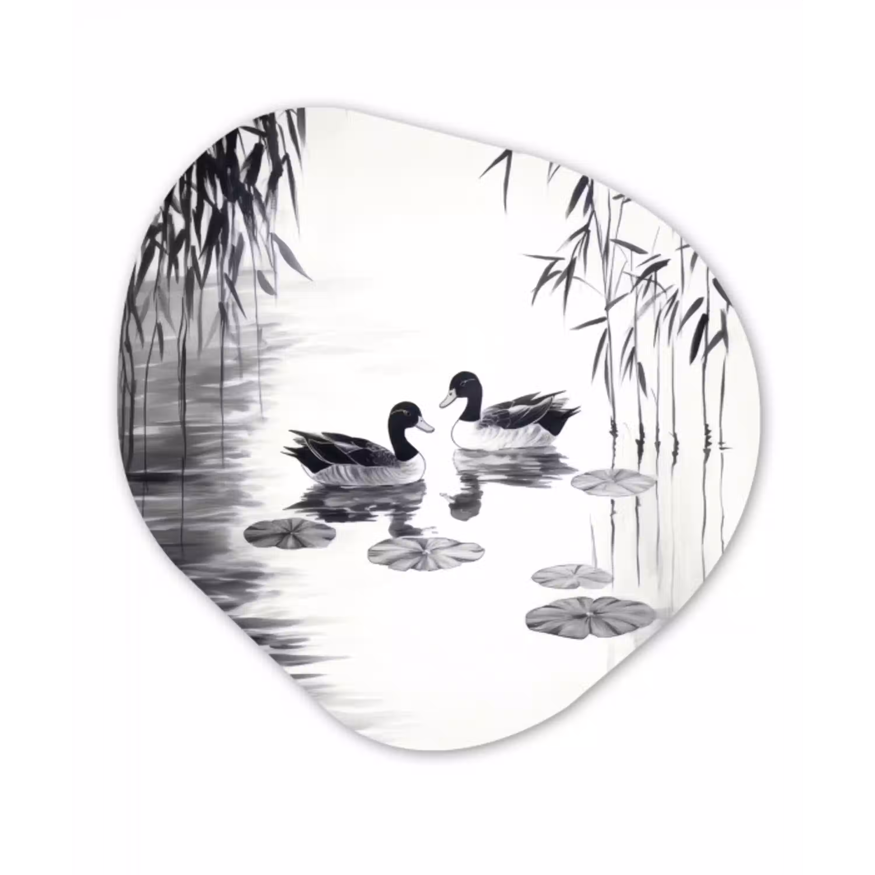 Eenden - Waterlelies - Riet - Zwart Wandcirkel Organisch Plexiglas middel -3d