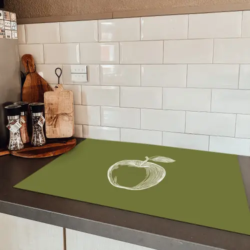 Lijntekening - Appel - Olijfgroen - Blaadje Inductie beschermer vinyl 3mm klein -sfeer3