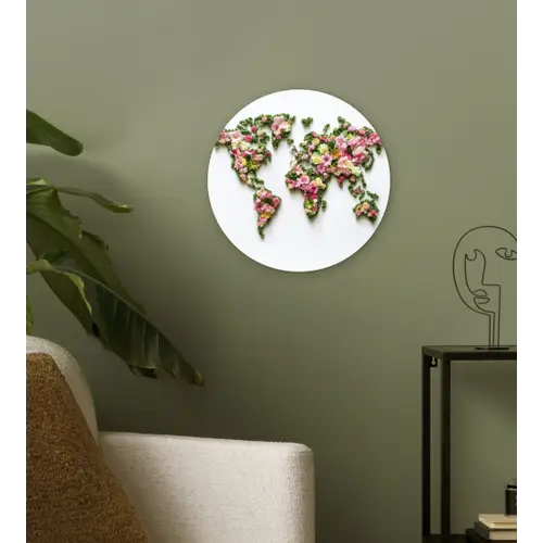 Wereldkaart - Kleurrijk - Bloemen - Lente Wandcirkel kunststof plaat 5mm dik klein -sfeer3
