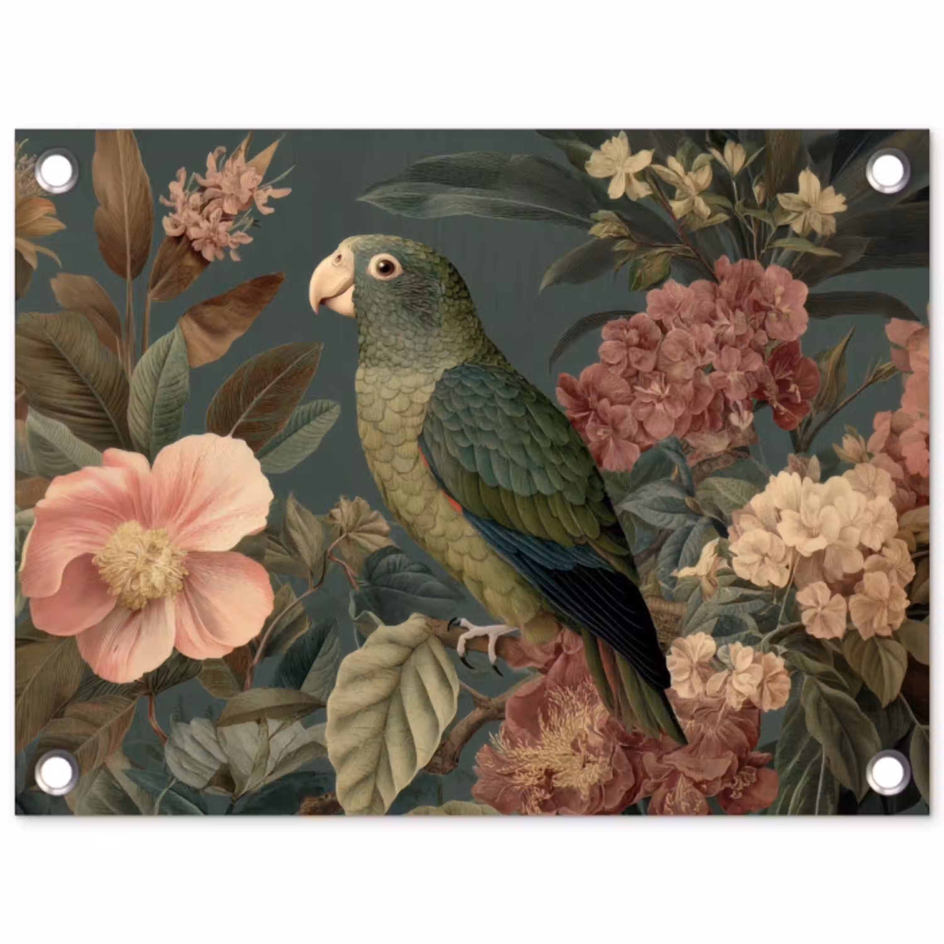 Groene papegaai - Kleurrijke bloemen - Donkere achtergrond tuinposter los doek klein -3d