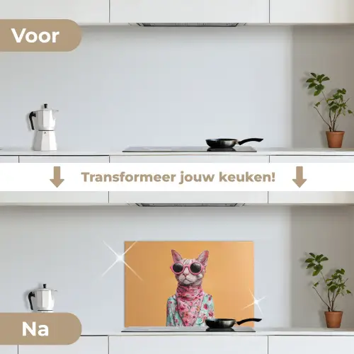 Zonnebril - Kat - Sjaal - Bloemen keuken achterwand spatscherm klein -voor_na_NL