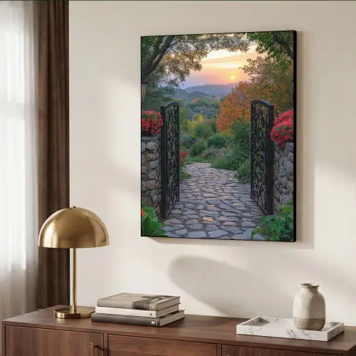 Landschap - Hek - Pad - Zonsondergang - Natuur Textielframe - compleet frame klein -sfeer3