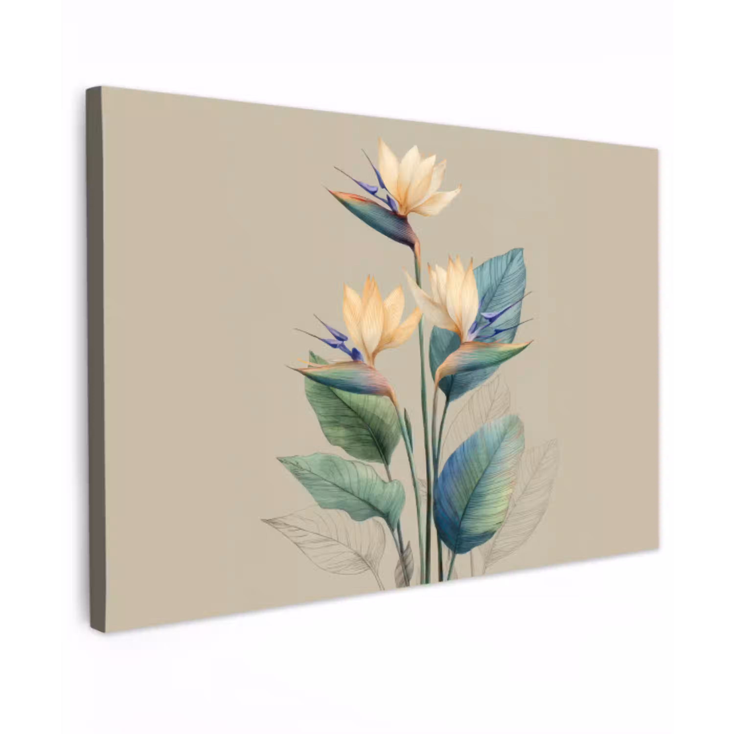 Paradijsvogelbloemen - Blauwgroene bladeren - Beige canvas 2cm klein -z3d