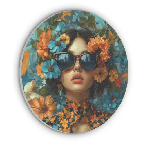 Vrouw - Bloemen - Oranje - Blauw - Modern Akoestische PET Vilt - Rond klein -3d