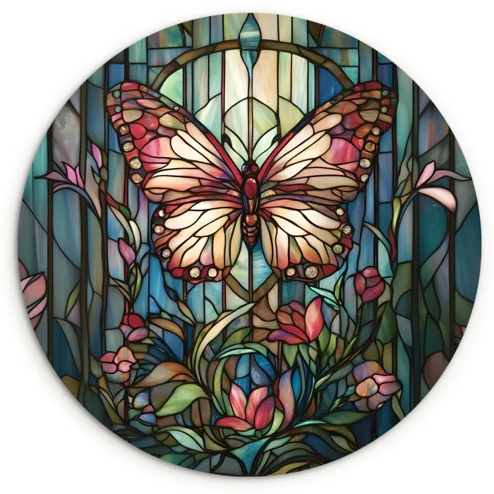 Vlinder - Roze - Bloemen - Bladeren Wandcirkel kunststof plaat 5mm dik klein -3d