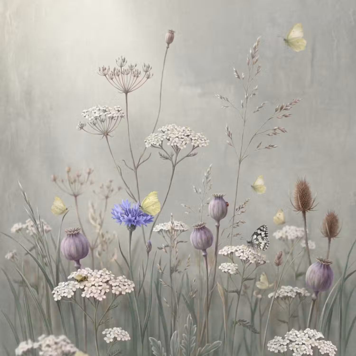 Tapete - Schmetterlinge - Wildblumen - Illustration - Farbenfroh