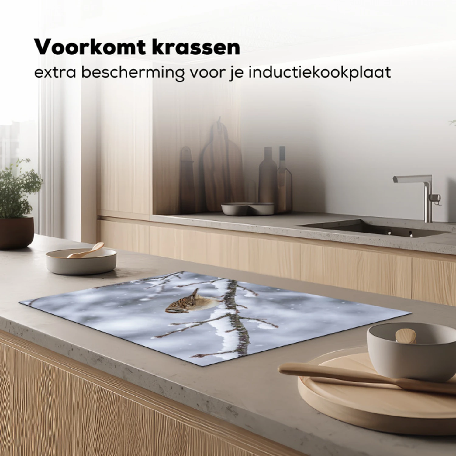 Vogel - Tak - Sneeuw - Winter Inductie beschermer vinyl 3mm klein -sfeer1