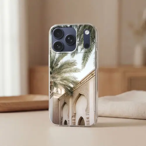 Gebouw - Palmbomen - Beige - Zon Telefoonhoesje iPhone 17 Pro klein -sfeer2