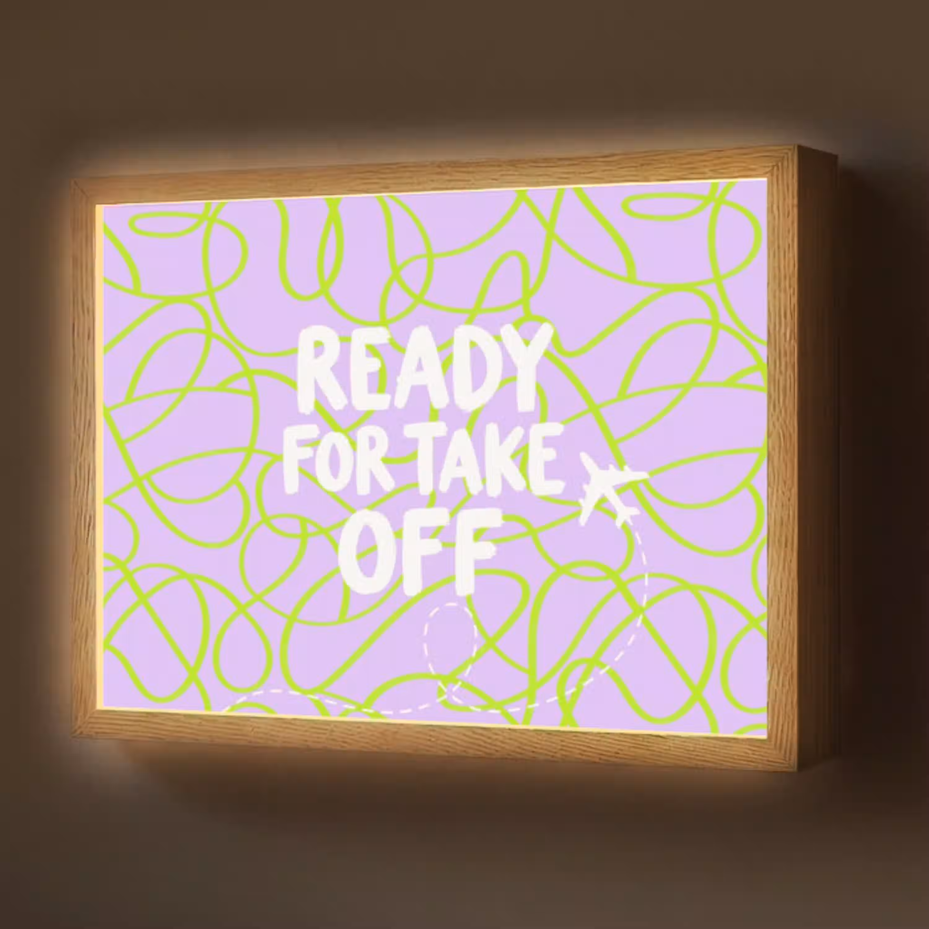Ready for take off - Vliegtuig - Groen - Paars - Golvende lijnen Light Box met batterij (Wandlamp) middel -z3d_website