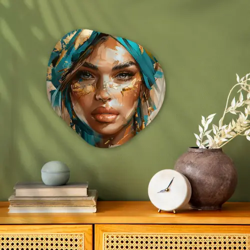 Vrouw - Portret - Goud - Luxe - Blauw Wandcirkel Organisch Forex 3mm klein -sfeer2