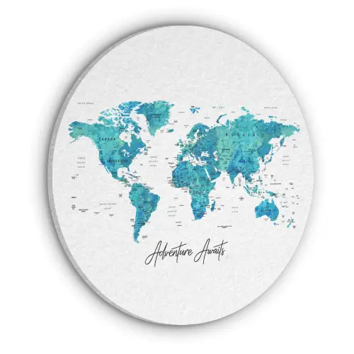 Wereldkaart - Blauw - Kleurrijk Akoestische PET Vilt - Rond klein -3d