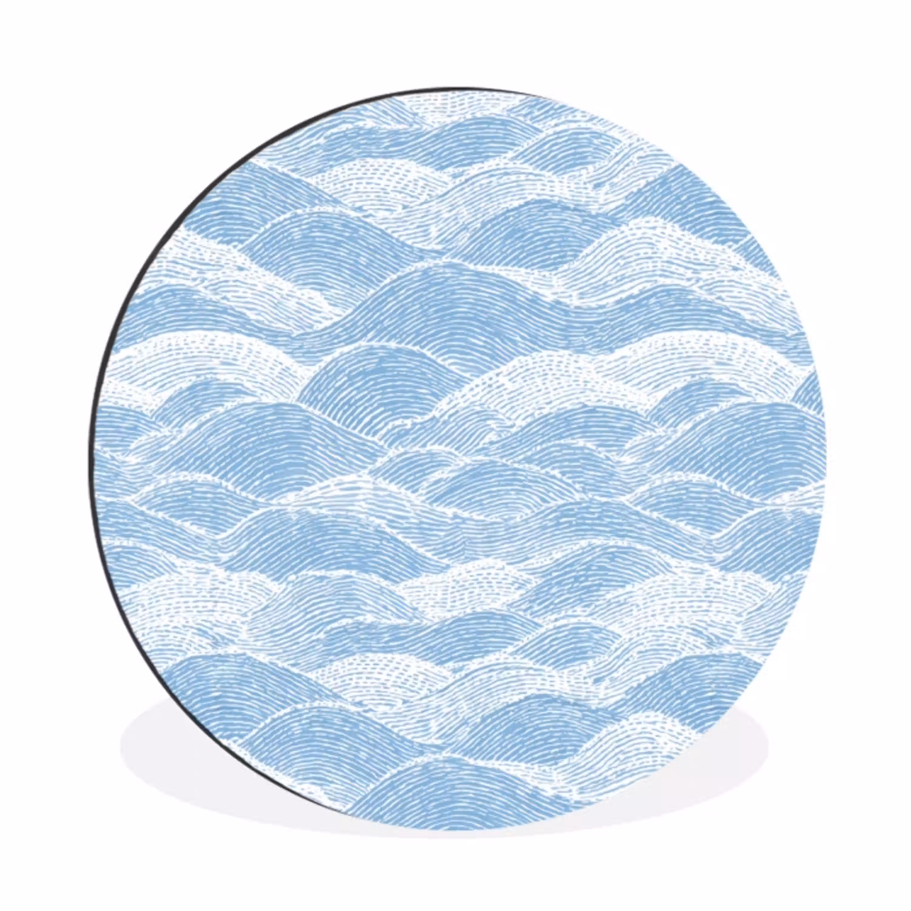 Blauw - Wit - Golven - Getekend Wandcirkel aluminium klein 190 -3d