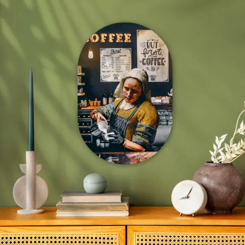 Melkmeisje - Barista - Koffie - Vintage - Kunst - Abstract - Schilderij - Oude meesters Wandcirkel Ovaal Forex klein -sfeer2