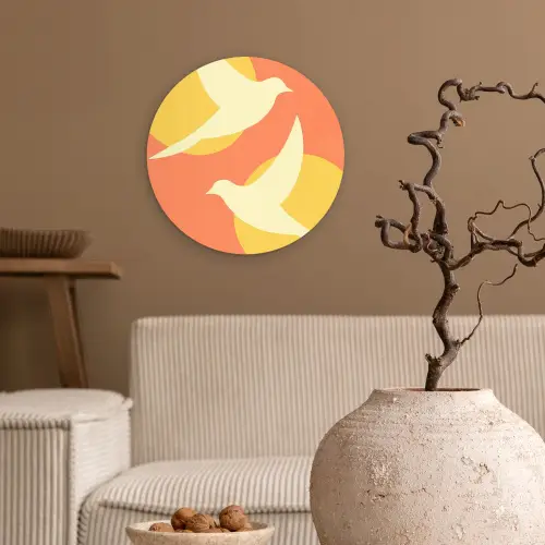 Vogels - Cirkels - Geel Wandcirkel kunststof plaat 5mm dik klein -sfeer1