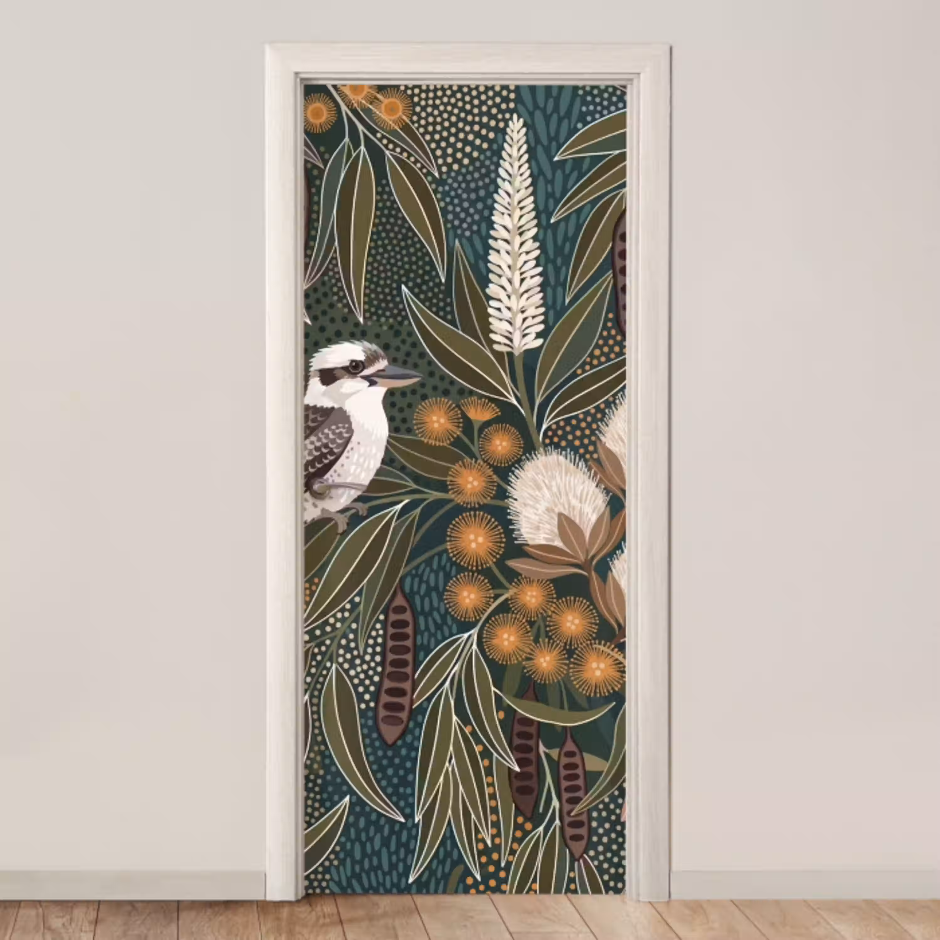 Vogel - Bladeren - Natuur - Illustratie - Groen deurposter klein -3d_beige