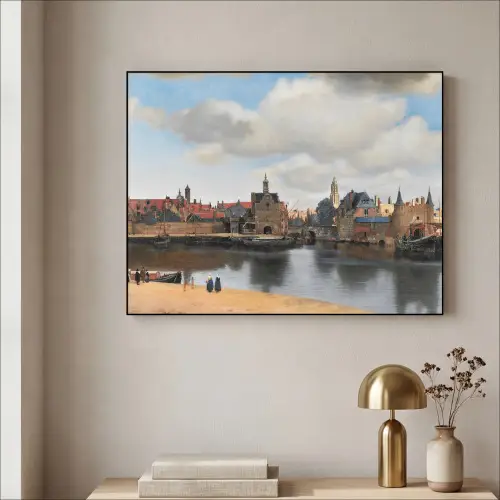 Vermeer - Stad - Oude meesters - Kunst Textielframe zwart klein -sfeer2