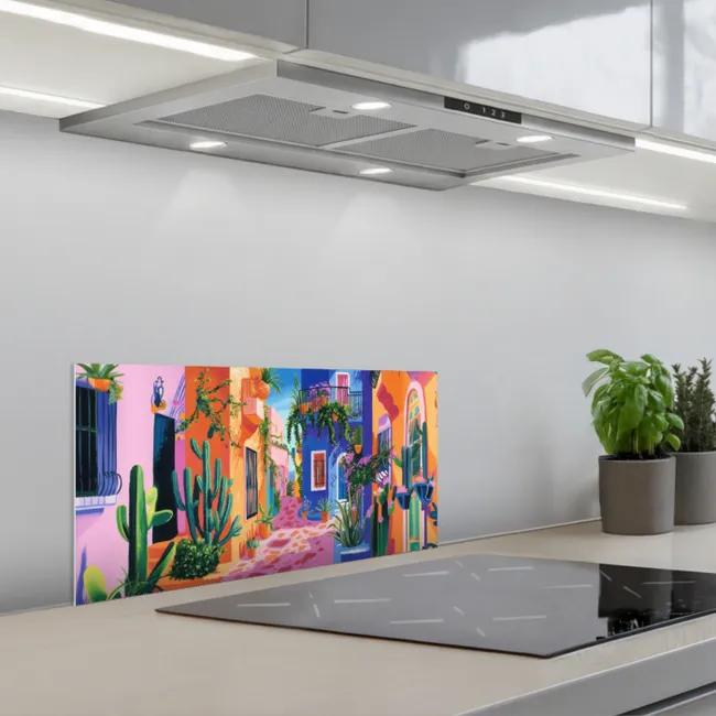 Geel - Blauw - Oranje - Huis keuken achterwand spatscherm klein -3d_schuin