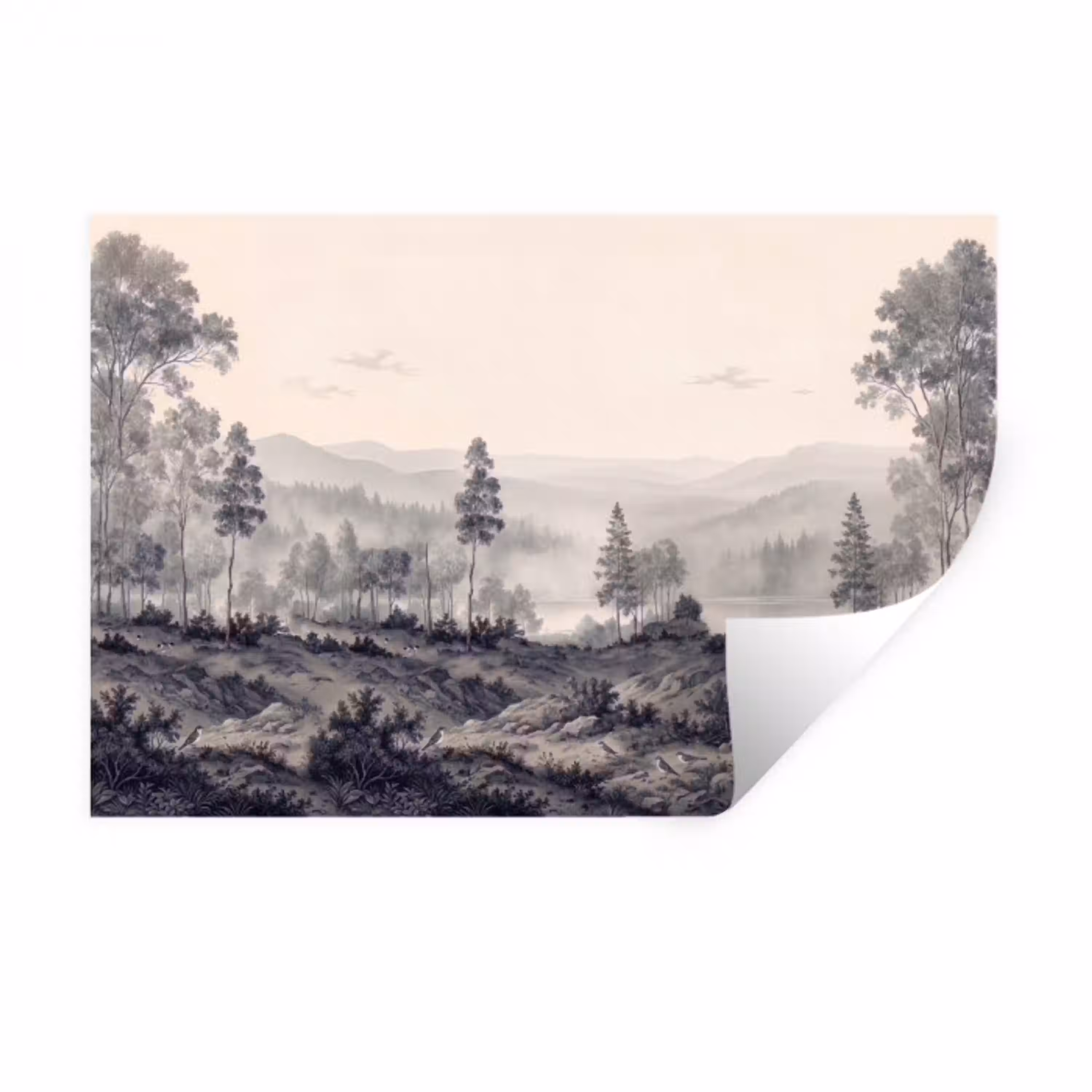 Mistig - Berglandschap - Illustratie Muursticker klein -3d
