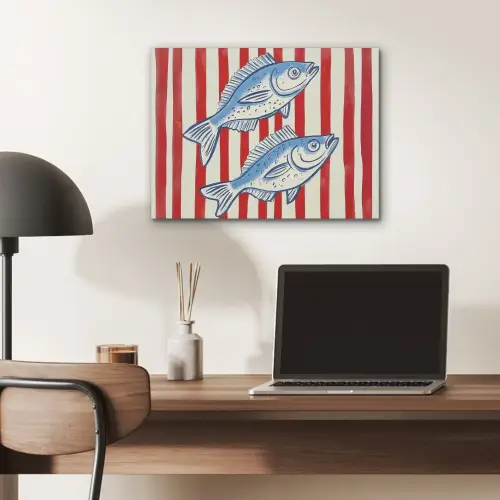 Vissen - Verticale strepen - Blauw - Rood PET vilt klein -sfeer5
