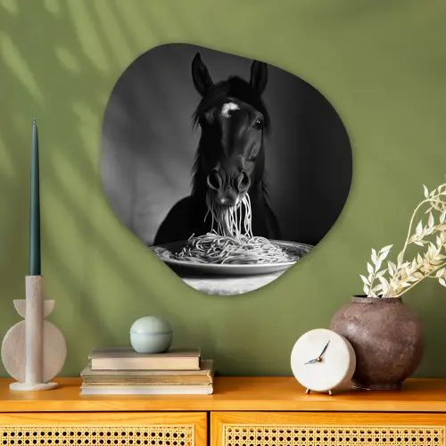 Paard - Bord - Pasta - Tafelkleed - Zwart Wit - Dieren Wandcirkel Organisch Plexiglas middel -sfeer2