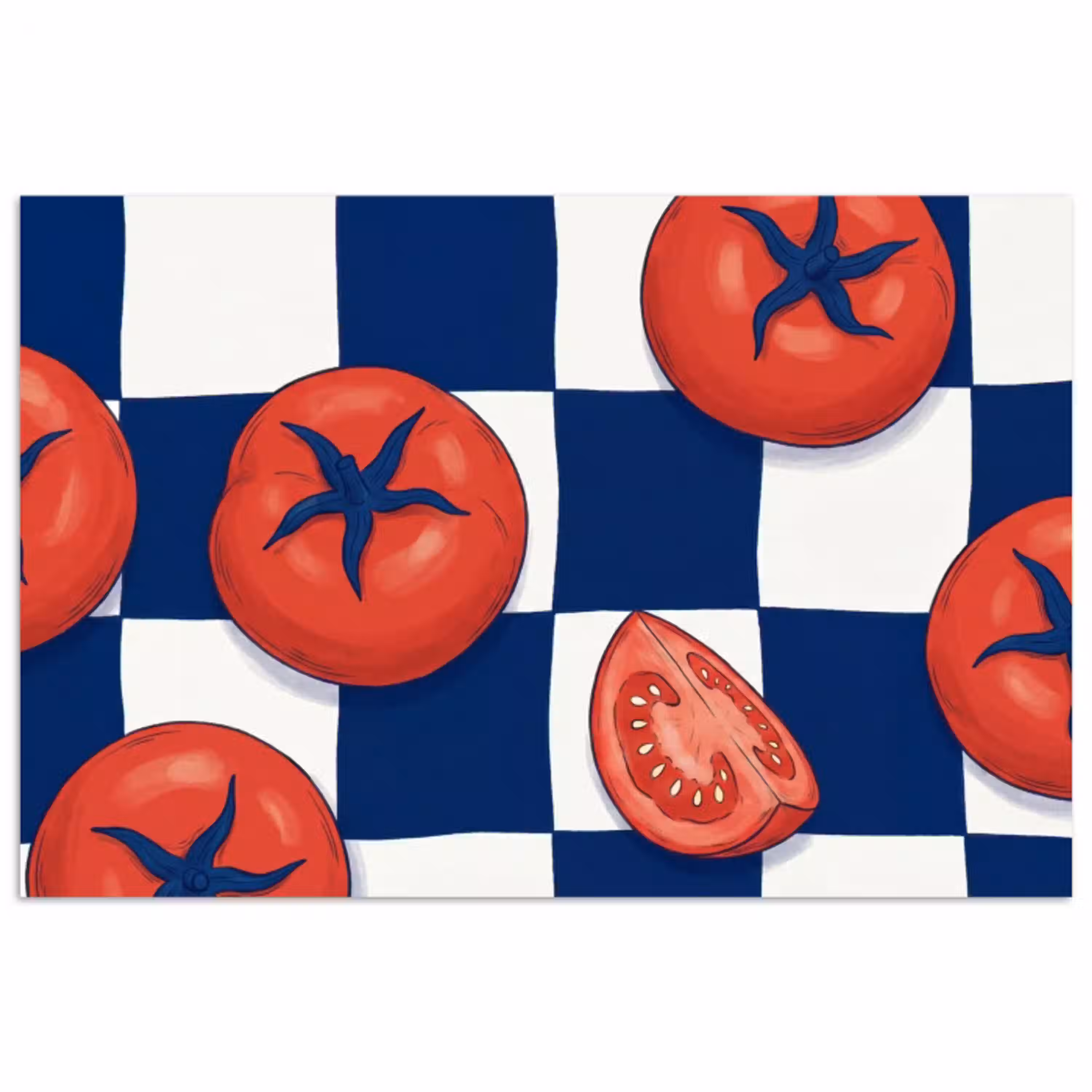 Eten - Tomaten - Keuken - Illustratie - Rood-Blauw poster papier klein -3d