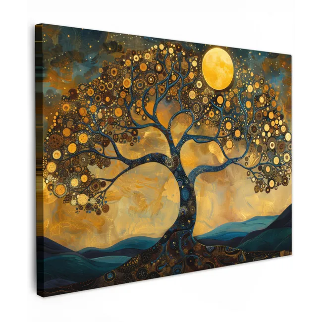 Tableau sur toile - Arbre - Lune - Fleurs - Or - Art