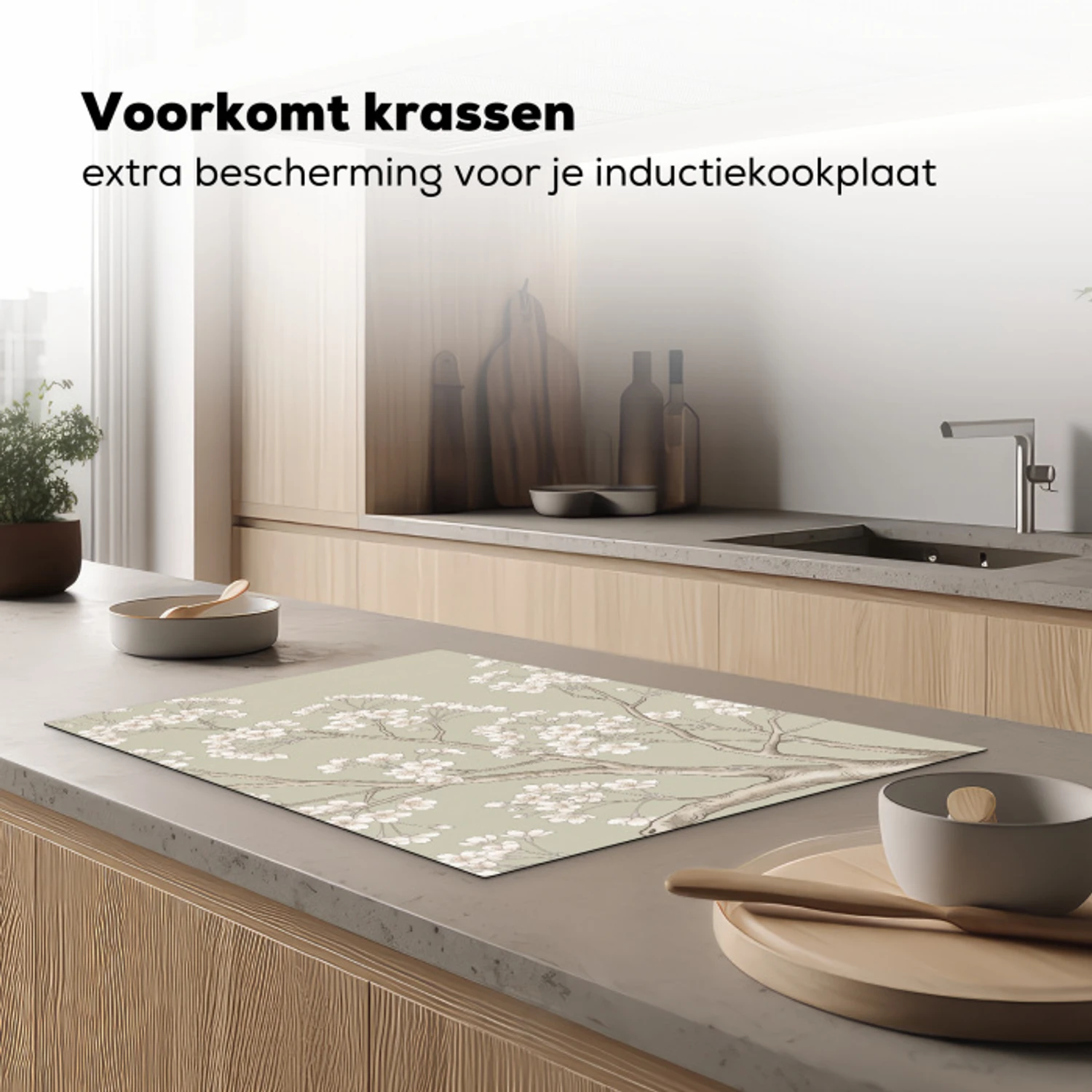 Sereen - Bloesem - Wit Inductie beschermer vinyl 3mm klein -sfeer1