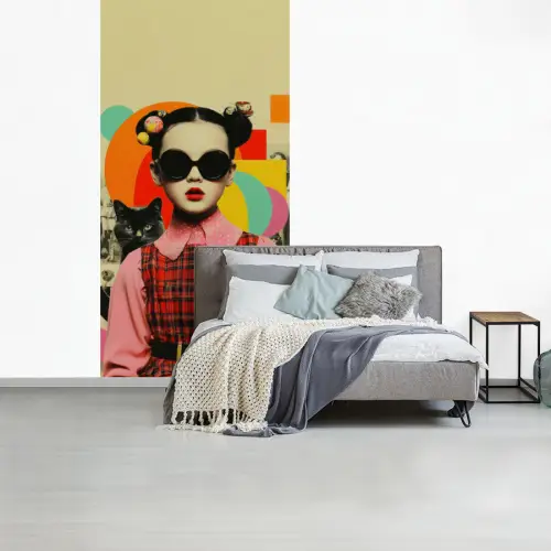 Meisje - Zonnebril - Kat - Retro fotobehang vinyl groot -slaapkamer