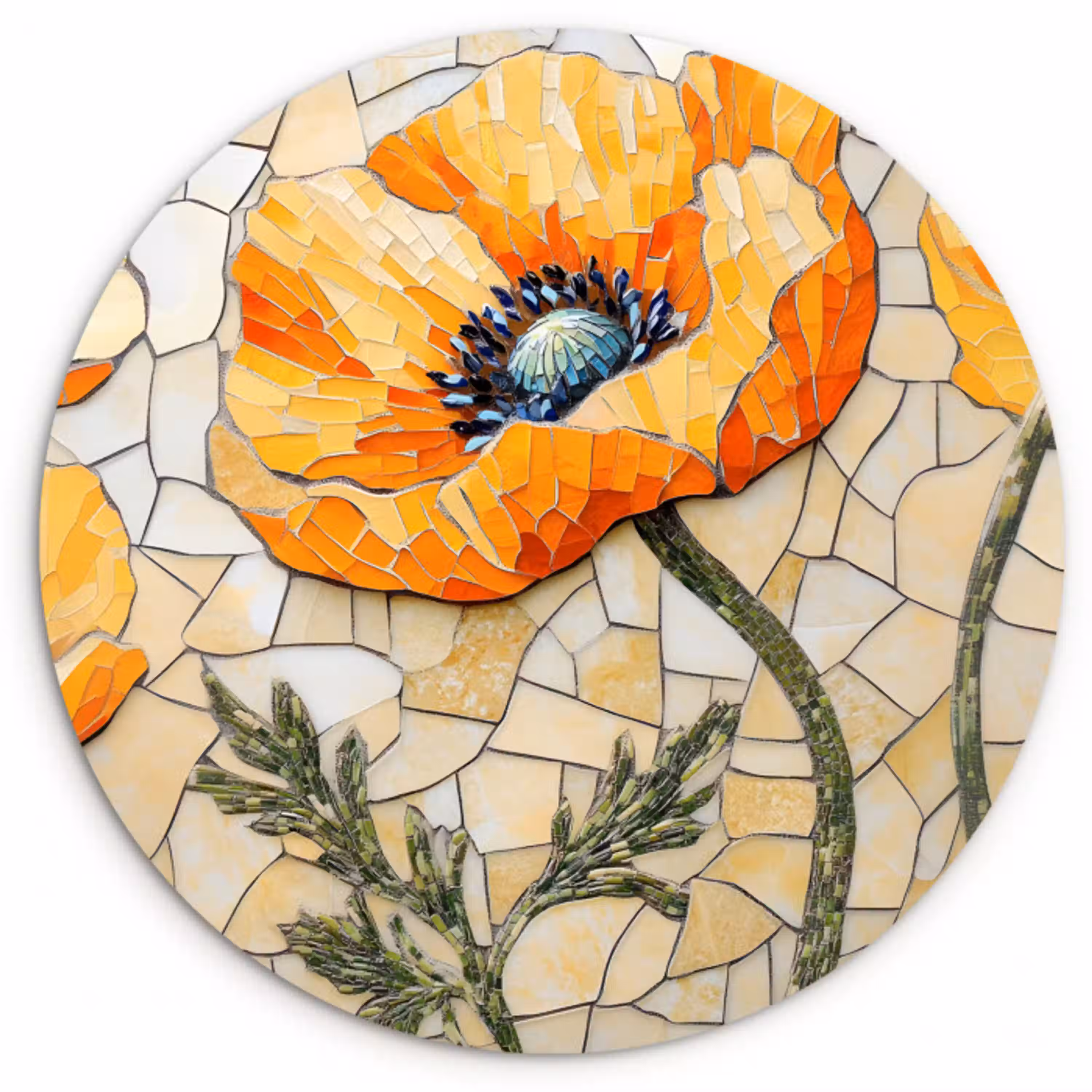 Klaprozen - Oranje - Mozaïek - Bladeren Wandcirkel kunststof plaat 5mm dik klein -3d
