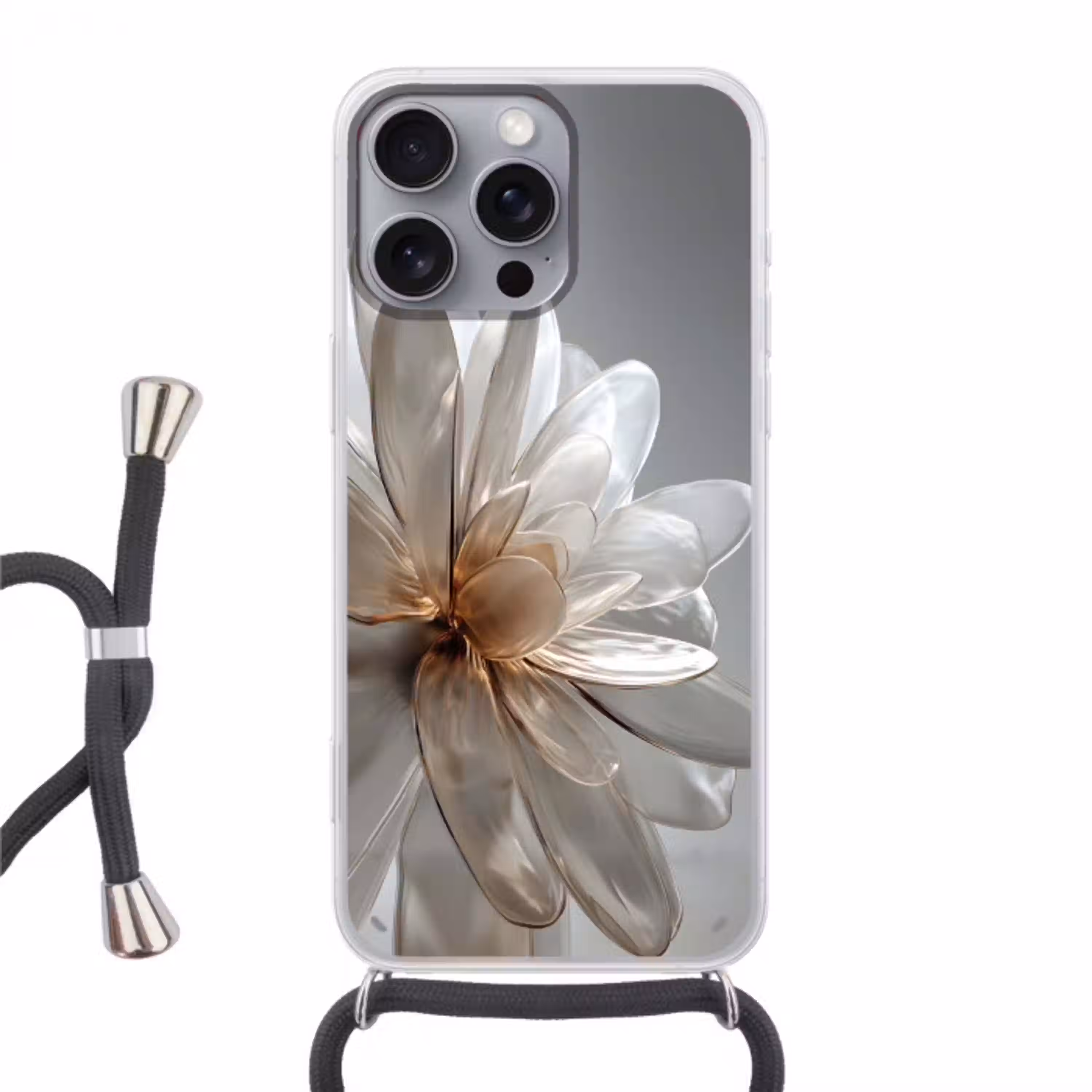 Bloem - Wit - Neutraal Hoesje iPhone 16 Pro Max met koord klein -3d