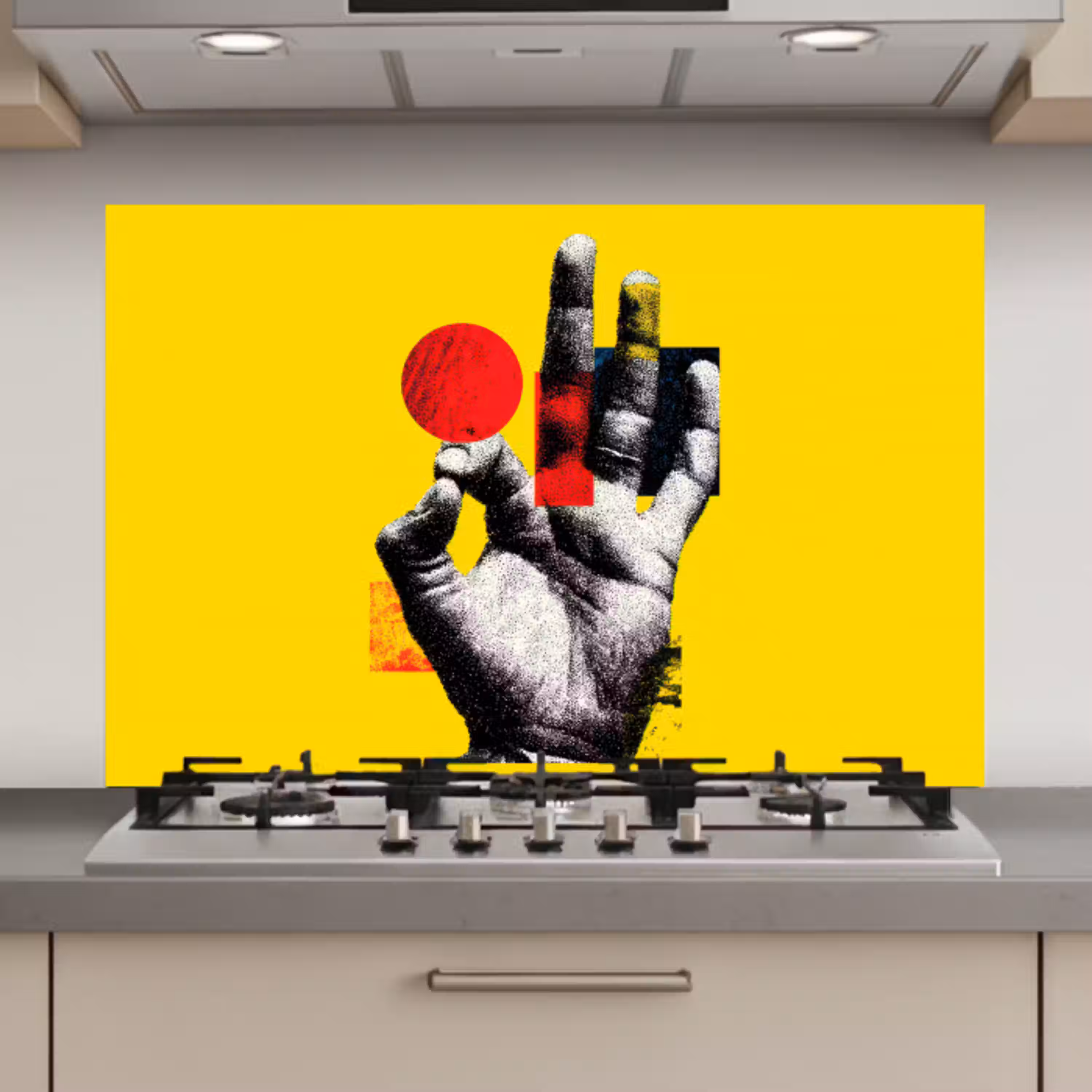 Hand - Rode cirkel - Geel keuken achterwand spatscherm klein -3d_website