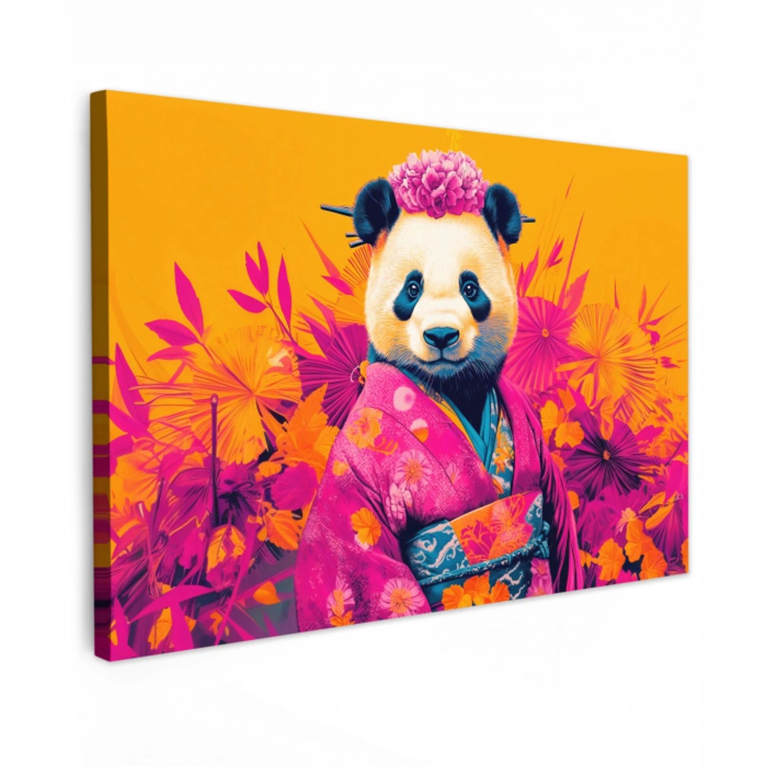 Kimono - Roze - Panda - Bloemenkroon Tuinposter op houten frame 2 cm dik klein -3d