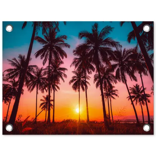 Palmboom - Zonsondergang - Horizon - Strand - Oranje - Roze tuinposter los doek klein -3d