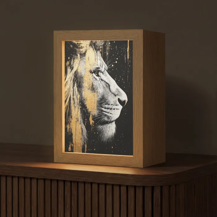 Portret - Leeuw - Abstract - Goud Light Box met kabel (Tafellamp) klein -z3d_website