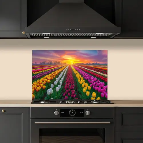 Tulpenveld - Zonsondergang - Kleurrijk keuken achterwand spatscherm klein -sfeer1