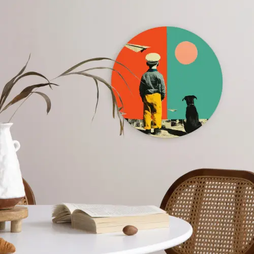 Retro - Jongen - Hond - Rood - Groen Wandcirkel kunststof plaat 5mm dik klein -sfeer4
