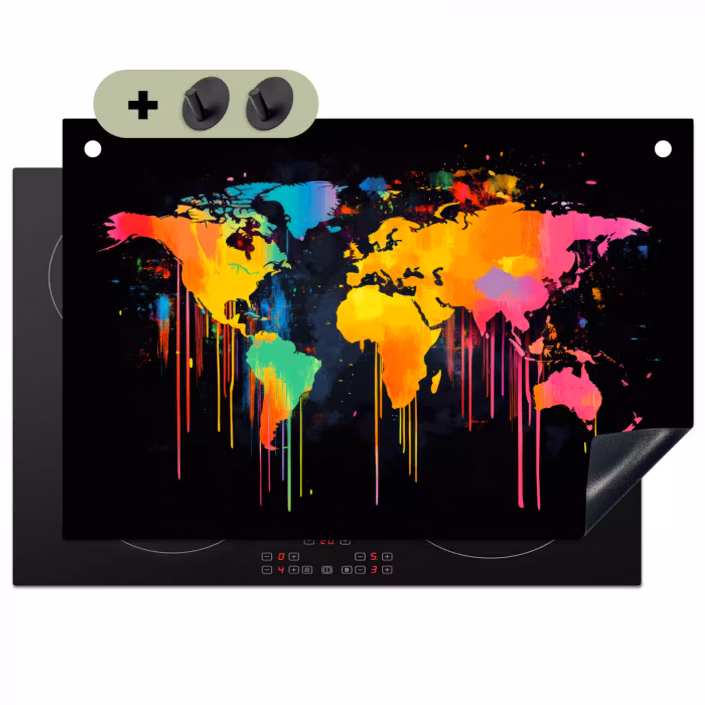 Wereldkaart - Verf - Kleurrijk - Graffiti - Wereld Inductie beschemer met haakjes klein -3d