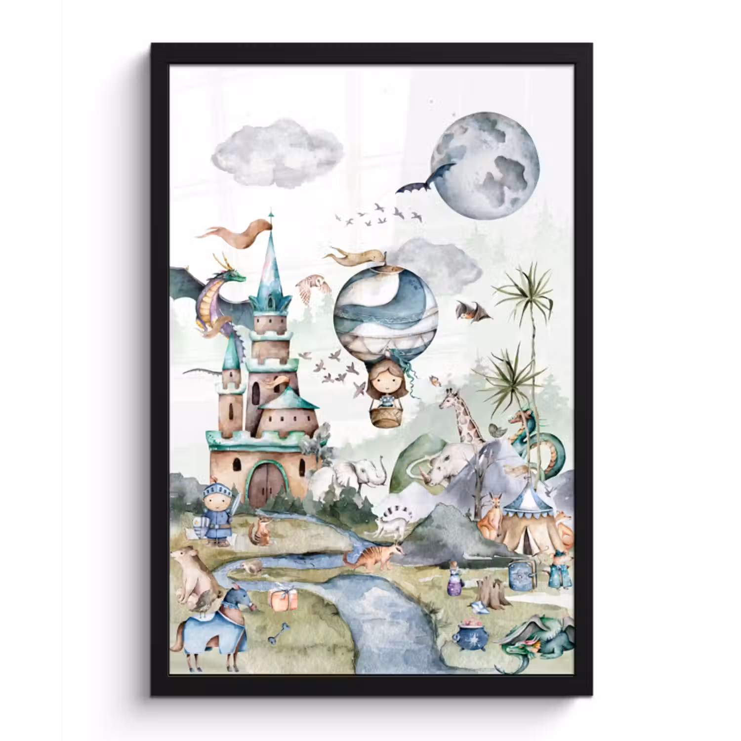 Poster met lijst - Kinderen - Luchtballon - Draak - Jongens - Kasteel - Waterverf