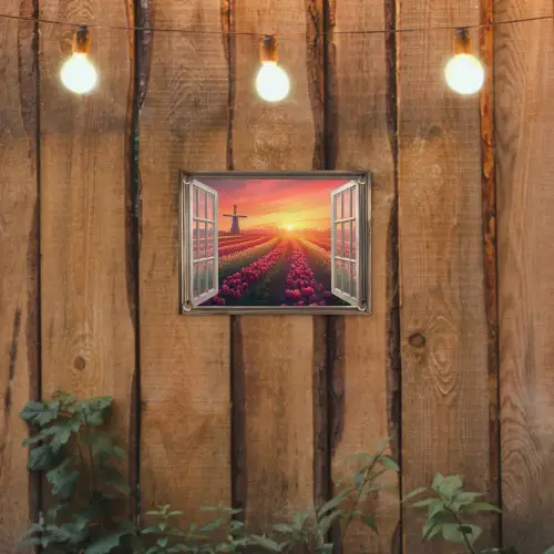 Doorkijk - Tulpen - Zonsondergang - Bloemen - Kleurrijk tuinposter los doek klein -sfeer1