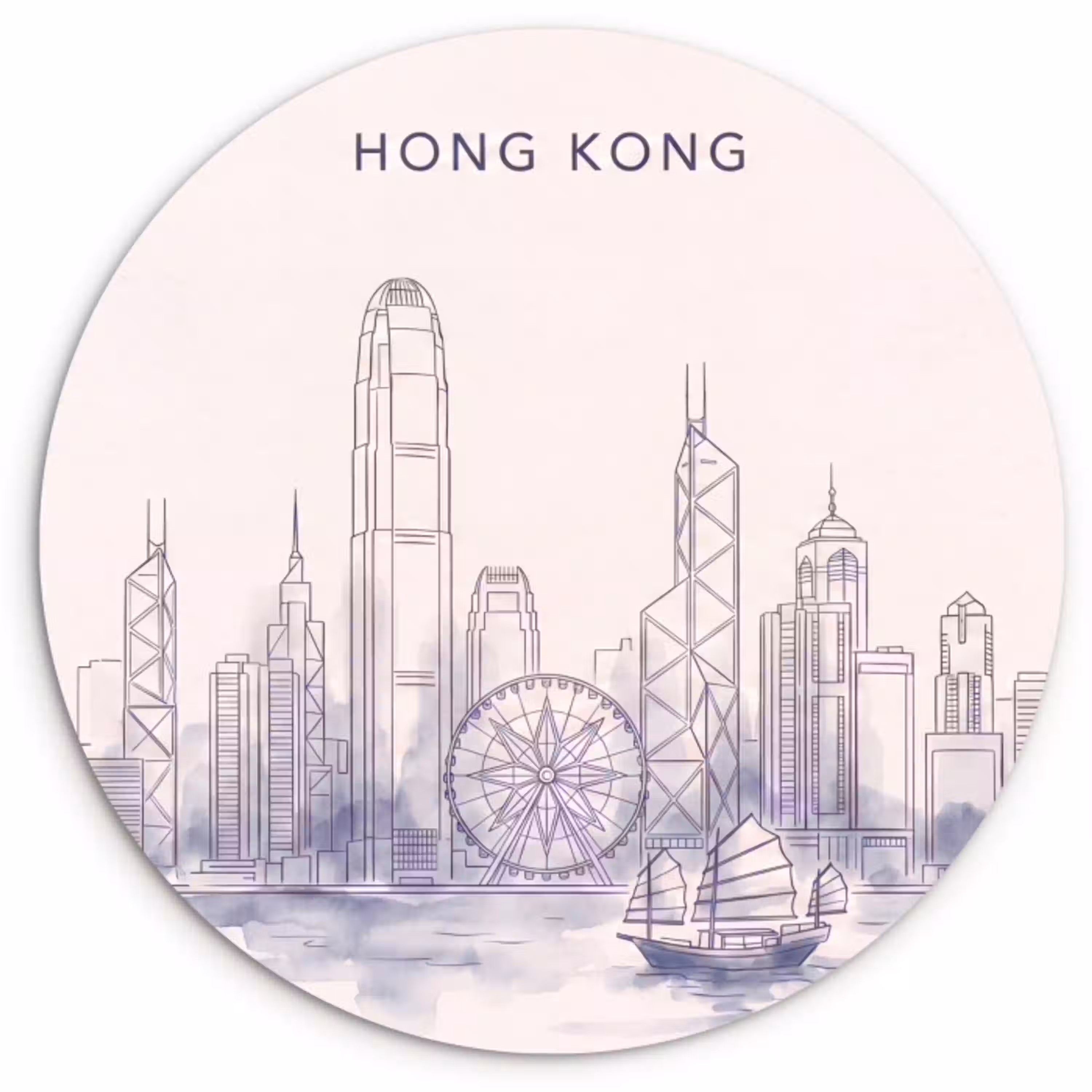Stad - Skyline - Water - Lijntekening - Blauw Wandcirkel kunststof plaat 5mm dik klein -3d