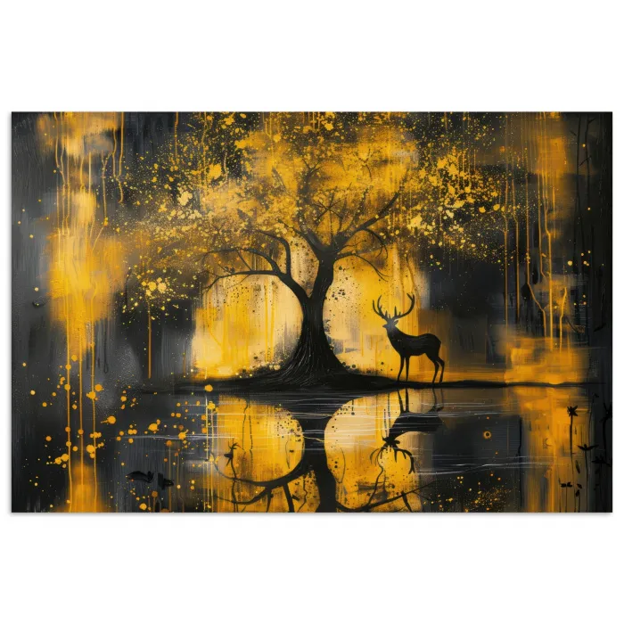 Boom - Verflook - Hert - Natuur - Goud poster papier klein -3d