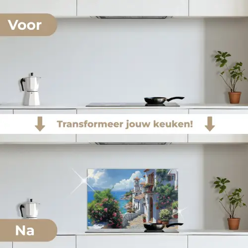 Huizen - Zee - Bomen - Bloemen keuken achterwand spatscherm klein -voor_na_NL