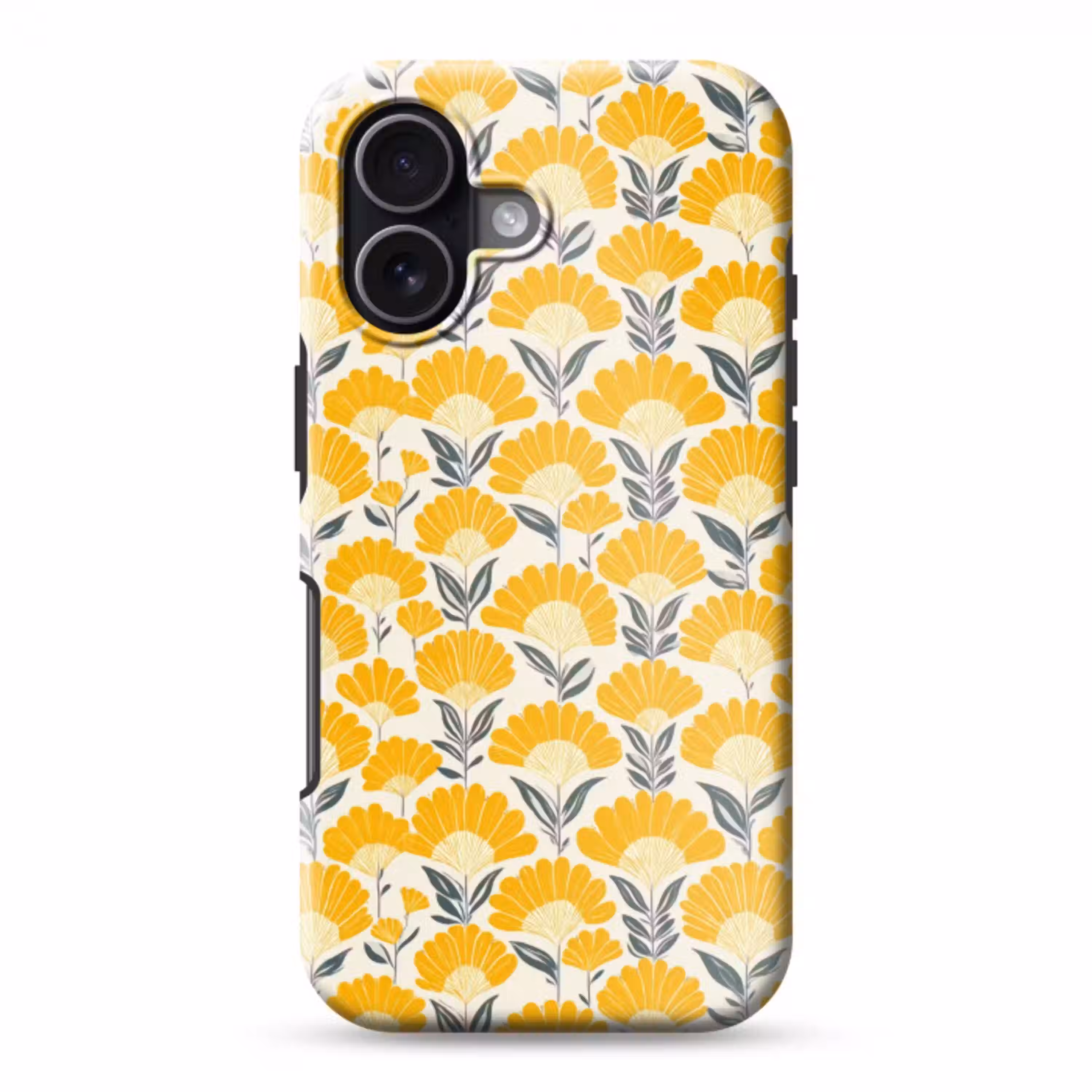 Bloemen - Retro - Botanisch - Okergeel - Grijs Toughcase MagSafe Apple iPhone 17 klein 1017 -3d