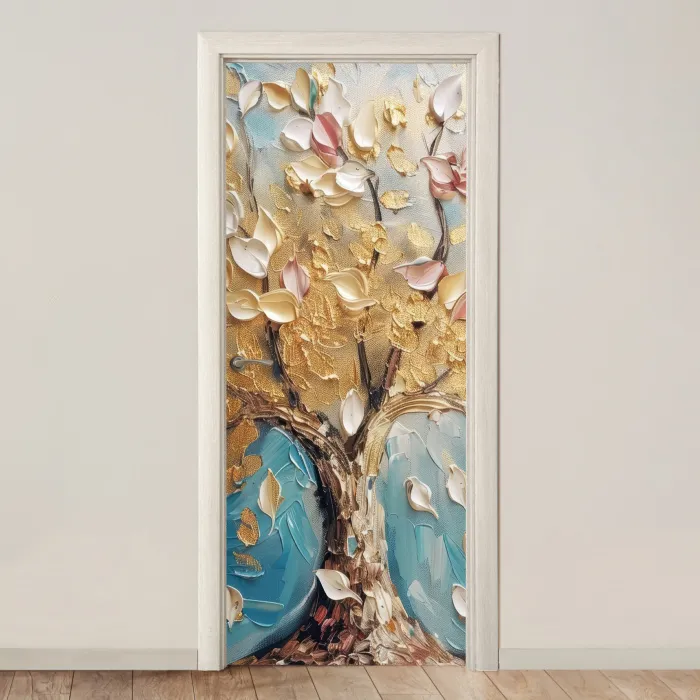 Boom - Blauw - Goud - Abstract - Modern deurposter klein -3d_beige