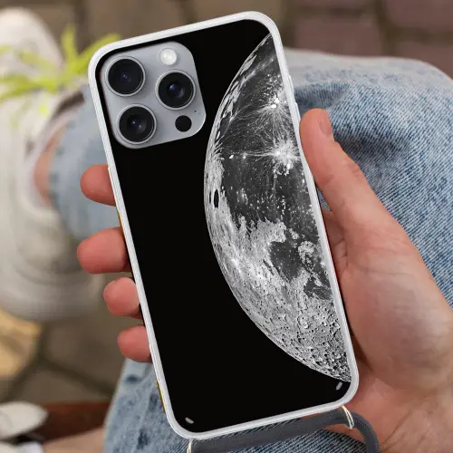 Close-up - Maan - Wit - Textuur Hoesje iPhone 16 Pro Max met koord klein -sfeer3